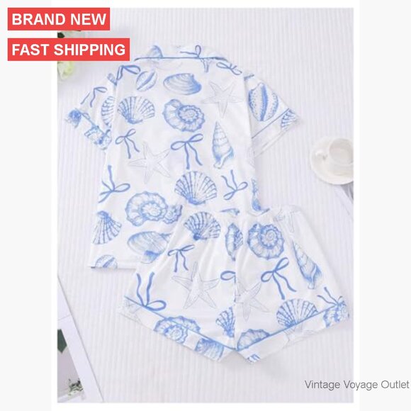 Women's Short Sleeve Button Shirt and Elastic Waist Shorts Pajama Set - Picture 2 of 7